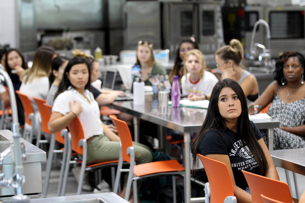 Students listen to Assistant Professor Todd Uglow in Special Events Management class in the Marriott Executive Kitchen in Hospitality Hall at UNLV Thursday, Aug. 30, 2018. K.M. Cannon Las Vegas Re ...
