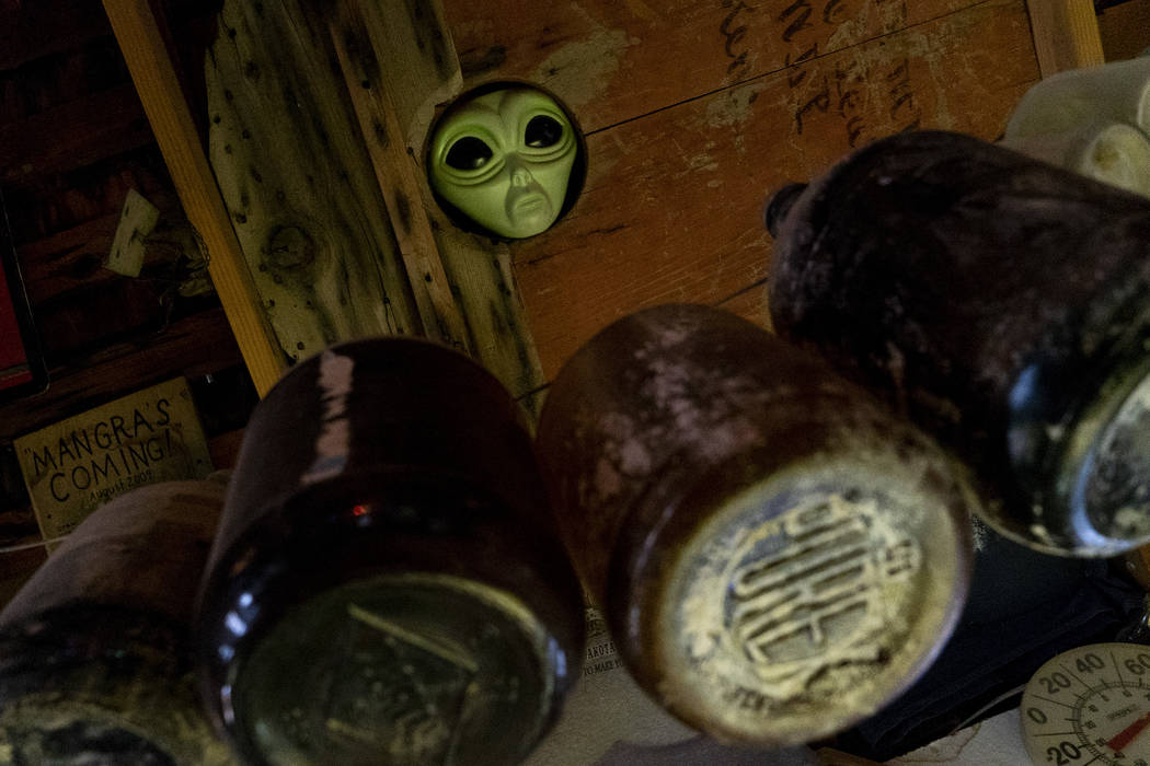 An alien head poking through the ceiling photographed in Walt Kremin's saloon at Gold Point, Tuesday, Sept. 4, 2018. After a decades long property dispute, the Bureau of Land Management has announ ...