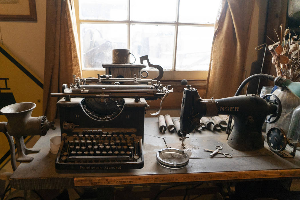 A typewriter and sewing machine photographed in Walt Kremin's saloon at Gold Point, Tuesday, Sept. 4, 2018. After a decades long property dispute, the Bureau of Land Management has announced plans ...