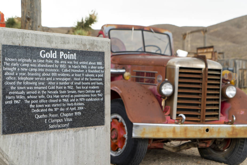 The Gold Point welcome sign photographed in Gold Point, Tuesday, Sept. 4, 2018. After a decades long property dispute, the Bureau of Land Management has announced plans to transfer ownership of th ...