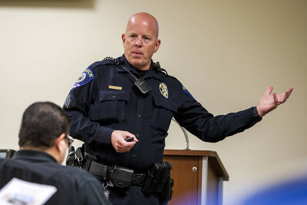 CCSD Police Sgt. Bryan Zink discusses school safety measures and policing in the Clark County School District during a "1st Tuesday" event at Metro's Northeast Area Command on Tuesday, M ...