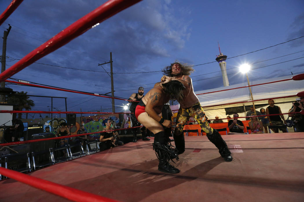 Wild Horse, left, fights with Gorgeous Gary Galaxy during a Versus Pro Wrestling event at 1429 S. Commerce St. in Las Vegas, Friday, July 6, 2018. Chitose Suzuki Las Vegas Review-Journal @chitosephoto