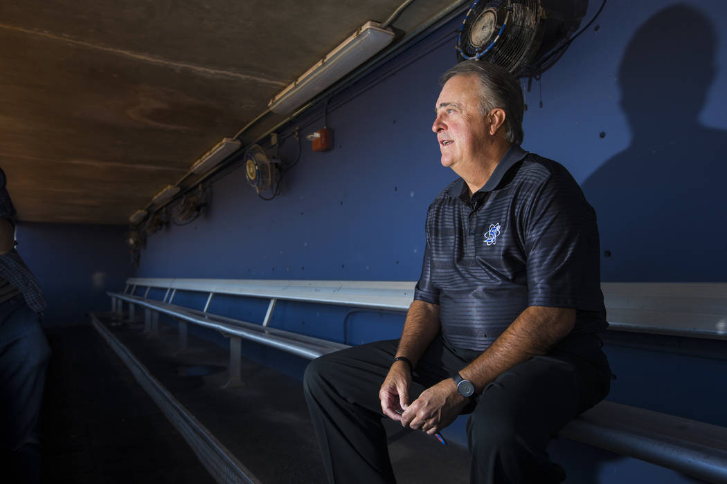 Don Logan, president and chief operating officer of the Las Vegas 51s, sits in the dugout, his favorite place to find a quiet moment, usually during batting practice, while touring Cashman Field a ...