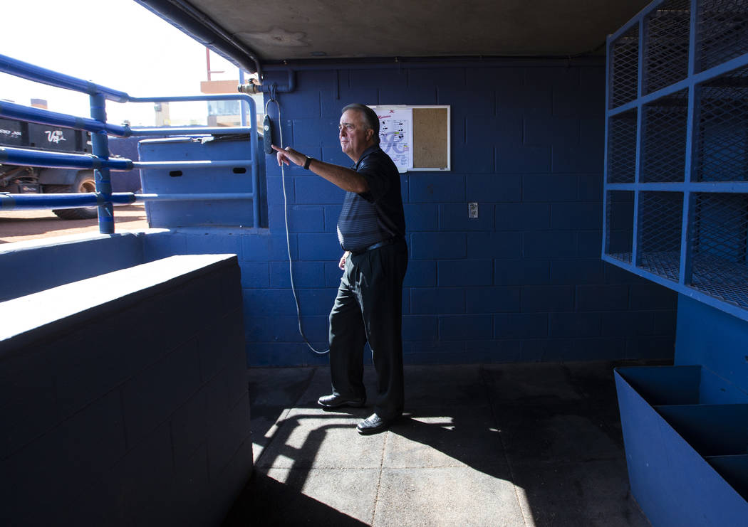 Don Logan, president and chief operating officer of the Las Vegas 51s, walks through the visitors dugout at Cashman Field ahead of the team's move to Summerlin in Las Vegas on Wednesday, Aug. 29, ...