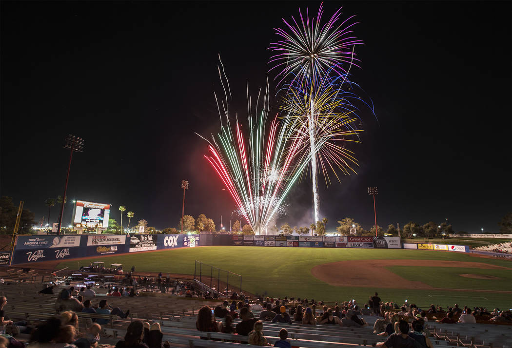 Fireworks light up the sky at Cashman Field at the conclusion of the 51s home game with the Sacramento River Cats on Friday, Aug. 31, 2018, in Las Vegas. Benjamin Hager Las Vegas Review-Journal @b ...