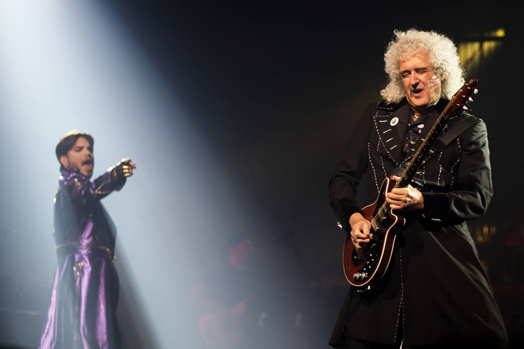 Adam Lambert and Queen guitarist Brian May perform at Park MGM theater in Las Vegas, Saturday, Sept. 1, 2018. Queen + Adam Lambert will perform 10 shows at Park Theater through September 22. (Marc ...