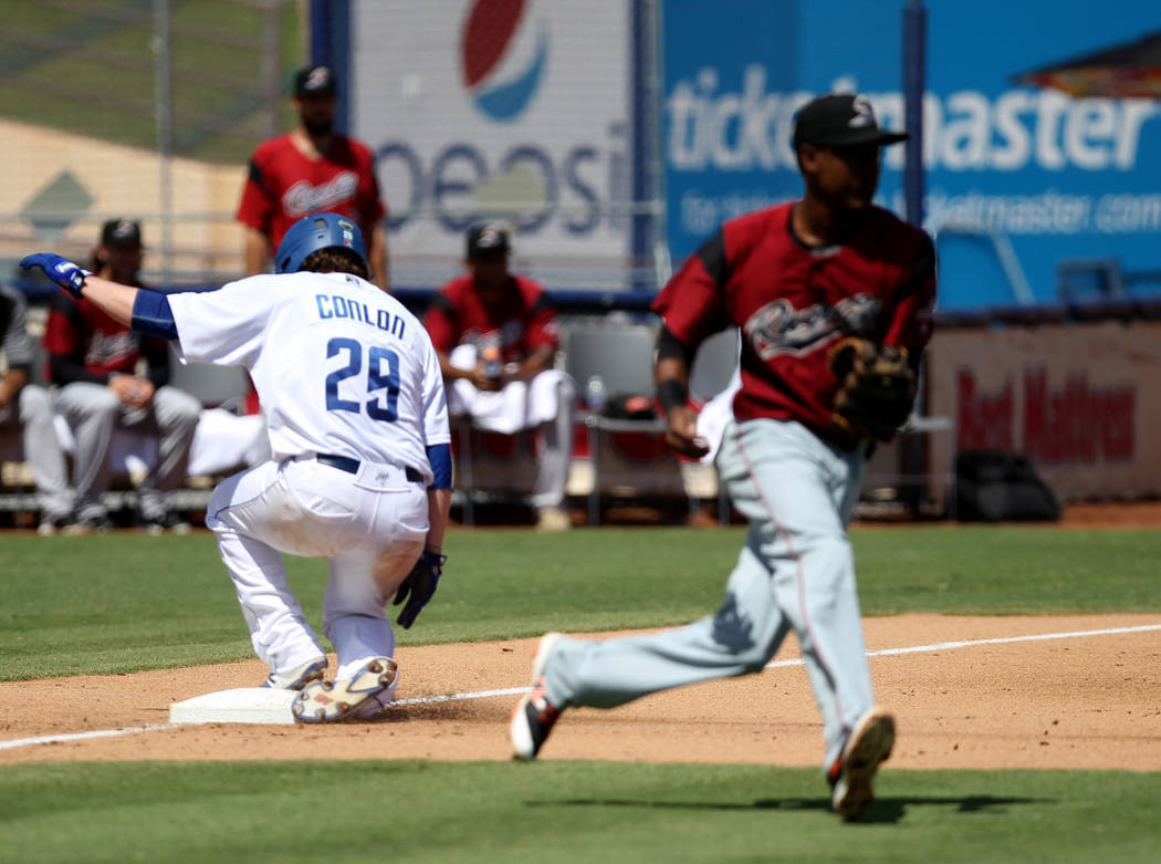 Las Vegas pitcher P.J. Conlon slides safely into third base during the final 51s game ever at Cashman Field in Las Vegas Monday, Sept. 3, 2018. Las Vegas beat Sacramento 4-3. The team will move to ...
