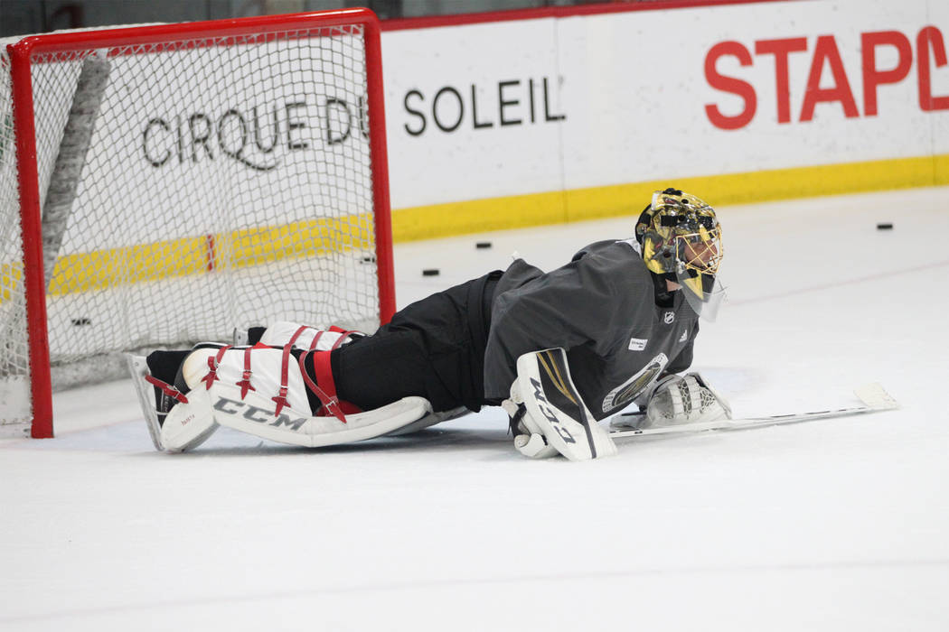 Vegas Golden Knights goaltender Marc-Andre Fleury (29) goes down for push-ups during a team practice at City National Arena in Las Vegas, Tuesday, Sept. 4, 2018. Erik Verduzco Las Vegas Review-Jou ...