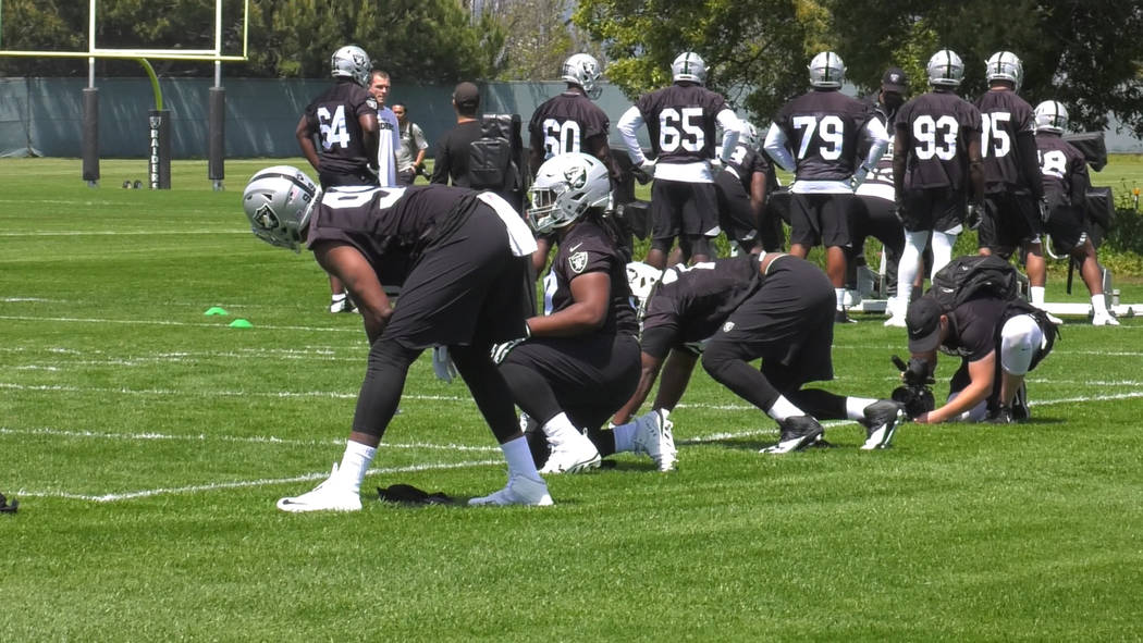 Arden Key, P.J. Hall and Maurice Hurst during defensive line drills for Raiders rookie mini-camp on May 4, 2018 in Alameda, Calif. Chris Booker/Las Vegas Review-Journal