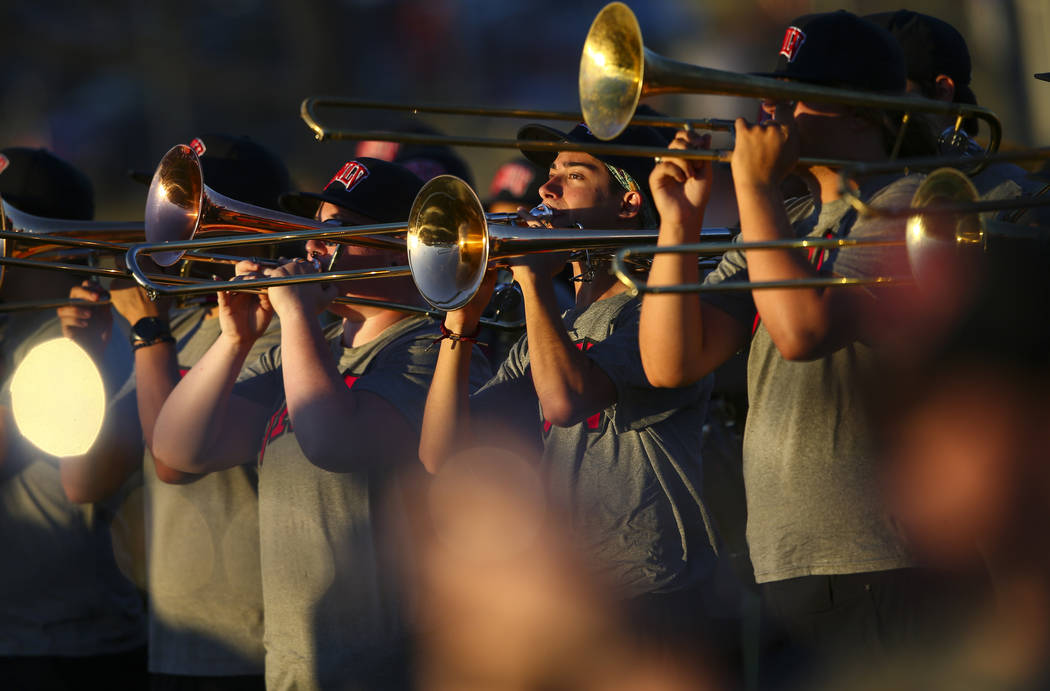 Members of the UNLV marching band and cheer perform before the start of a football game against Prairie View A&M Panthers at Sam Boyd Stadium in Las Vegas on Saturday, Sept. 15, 2018. Chase St ...