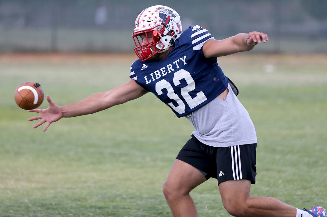 Liberty senior linebacker Kyle Beaudry, 32, pulls in a one-handed catch during practice at the school in Las Vegas Wednesday, Sept. 5, 2018. K.M. Cannon Las Vegas Review-Journal @KMCannonPhoto