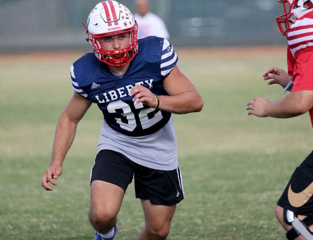 Liberty senior linebacker Kyle Beaudry, 32, during practice at the school in Las Vegas Wednesday, Sept. 5, 2018. K.M. Cannon Las Vegas Review-Journal @KMCannonPhoto