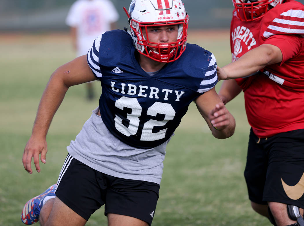 Liberty senior linebacker Kyle Beaudry, 32, during practice at the school in Las Vegas Wednesday, Sept. 5, 2018. K.M. Cannon Las Vegas Review-Journal @KMCannonPhoto