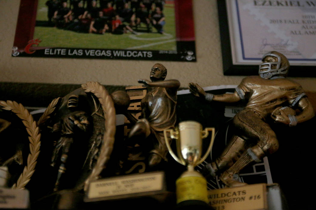 Trophies line the walls of the home of Darnell Washington and his family in Las Vegas, Wednesday, Sept. 5, 2018. Rachel Aston Las Vegas Review-Journal @rookie__rae