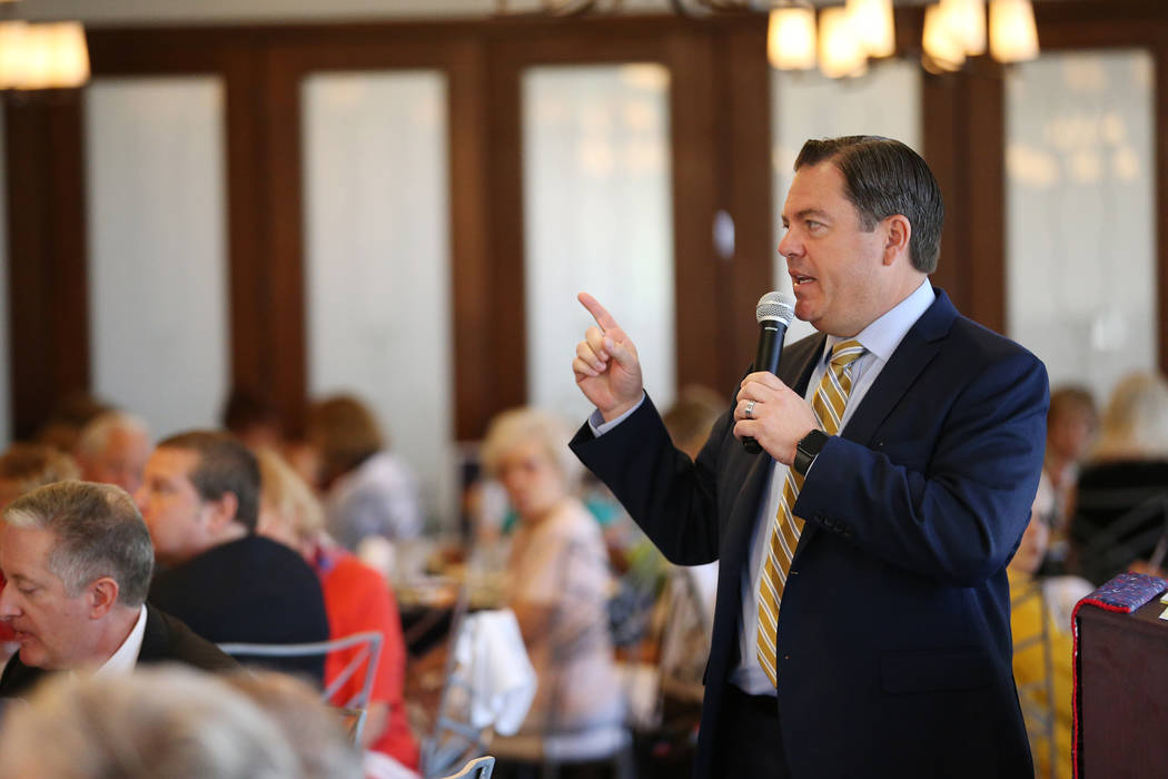 Republican Lt. Governor candidate Michael Roberson speaks during a Southern Hills Republican Women's Club luncheon at Buckman's Grille in Henderson, Tuesday, Aug. 28, 2018. Erik Verduzco Las Vegas ...