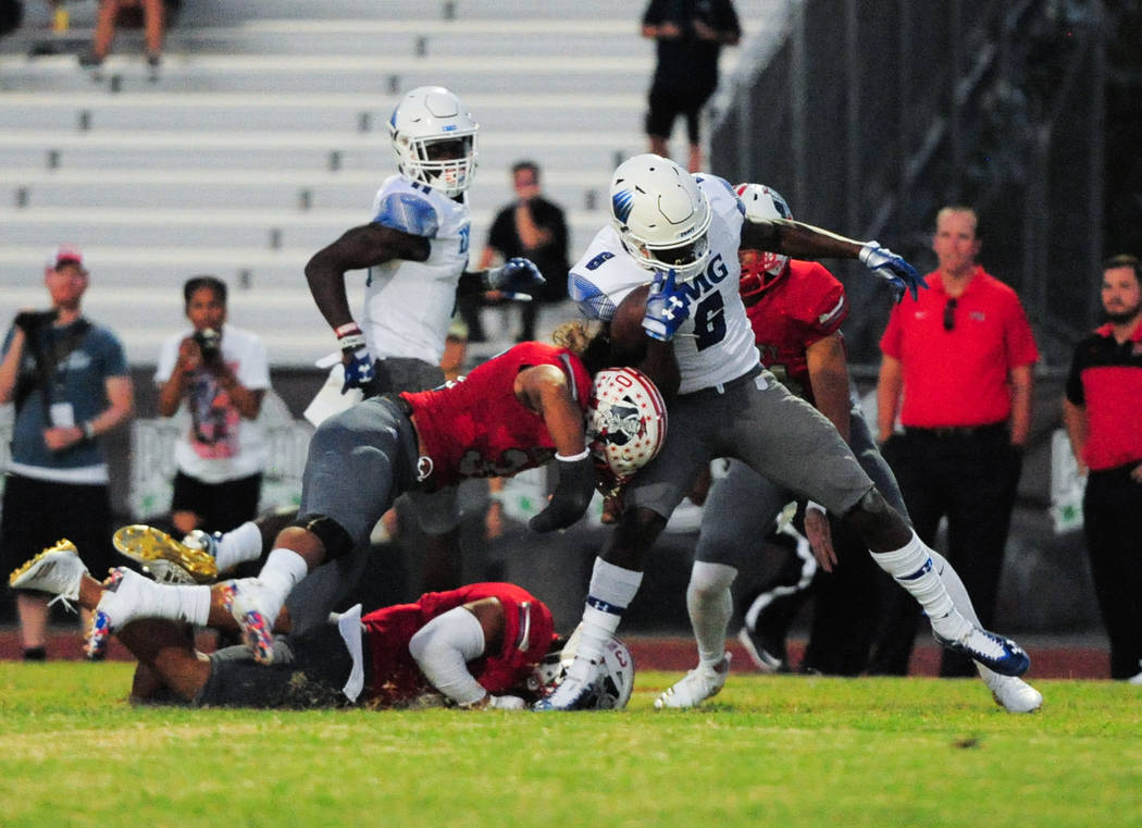 IMG Academy running back Trey Sanders (6) Scores a touchdown at Liberty High School in Henderson on Friday, Sept. 7, 2018. IMG Academy leads at halftime 21-0. Brett Le Blanc Las Vegas Review-Journal