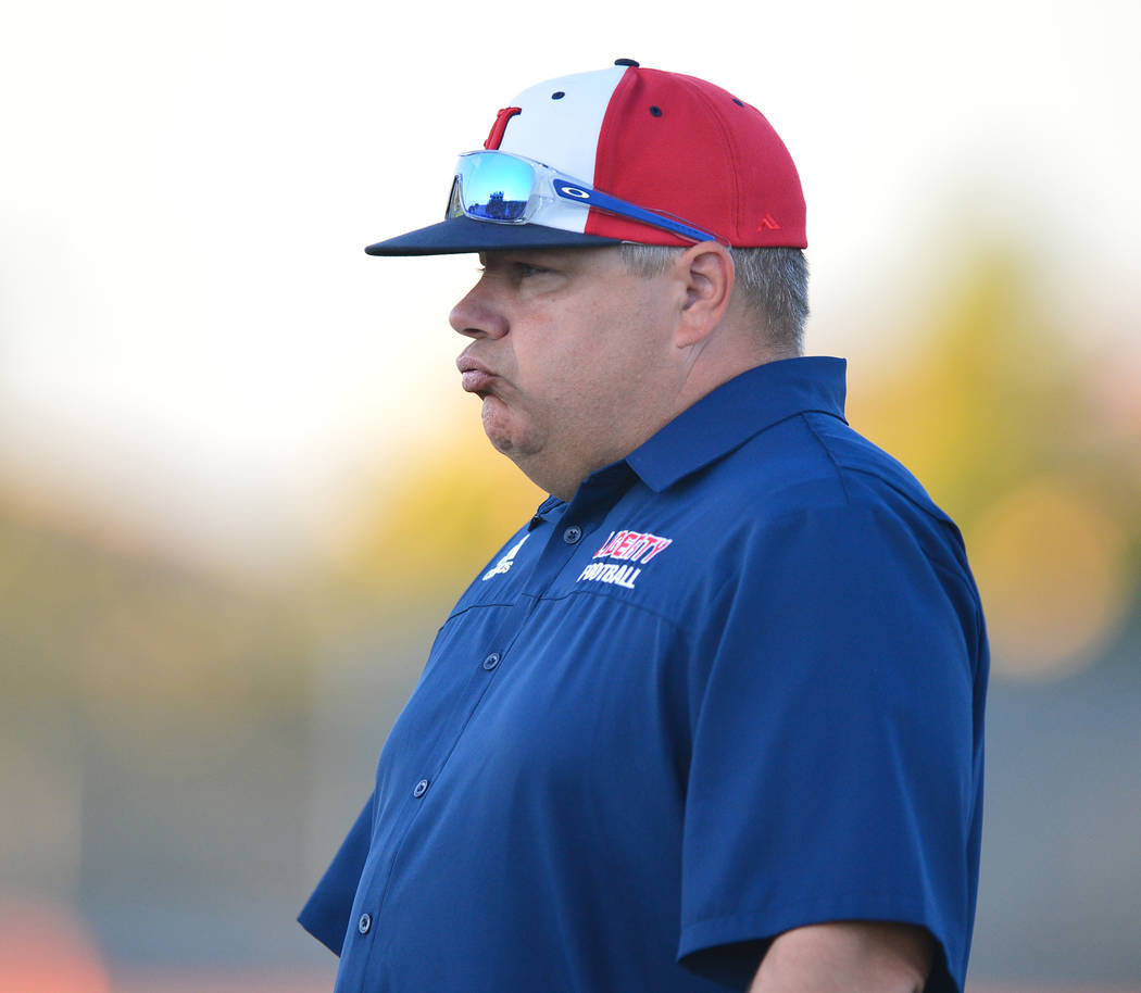 Liberty head coach Rich Muraco watches his team warm up before a game against IMG Academy at Liberty High School in Henderson on Friday, Sept. 7, 2018. IMG Academy won 35-0. Brett Le Blanc Las Veg ...