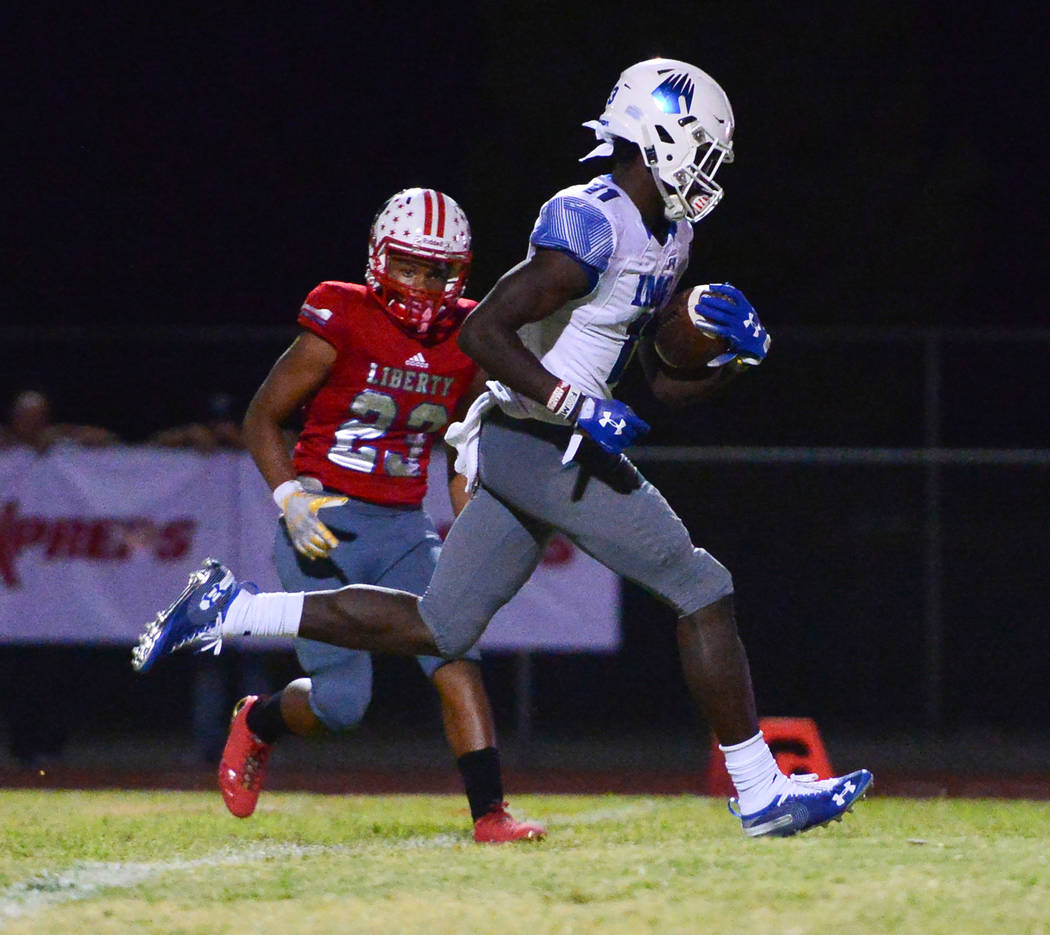 IMG Academy wide receiver Michael Redding III, (11) scores a touchdown at Liberty High School in Henderson on Friday, Sept. 7, 2018. IMG Academy won 35-0. Brett Le Blanc Las Vegas Review-Journal