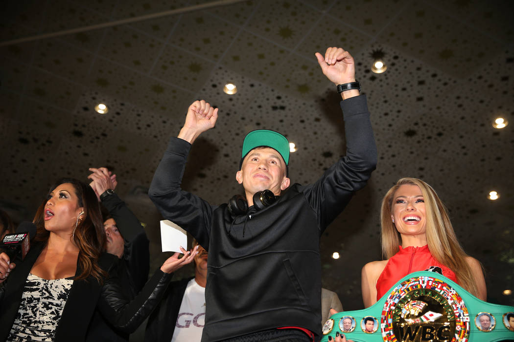 Gennady Golovkin, center, on stage during the "Grand Arrivals" at the MGM Grand hotel-casino in Las Vegas, Tuesday, Sept. 11, 2018. Erik Verduzco Las Vegas Review-Journal @Erik_Verduzco