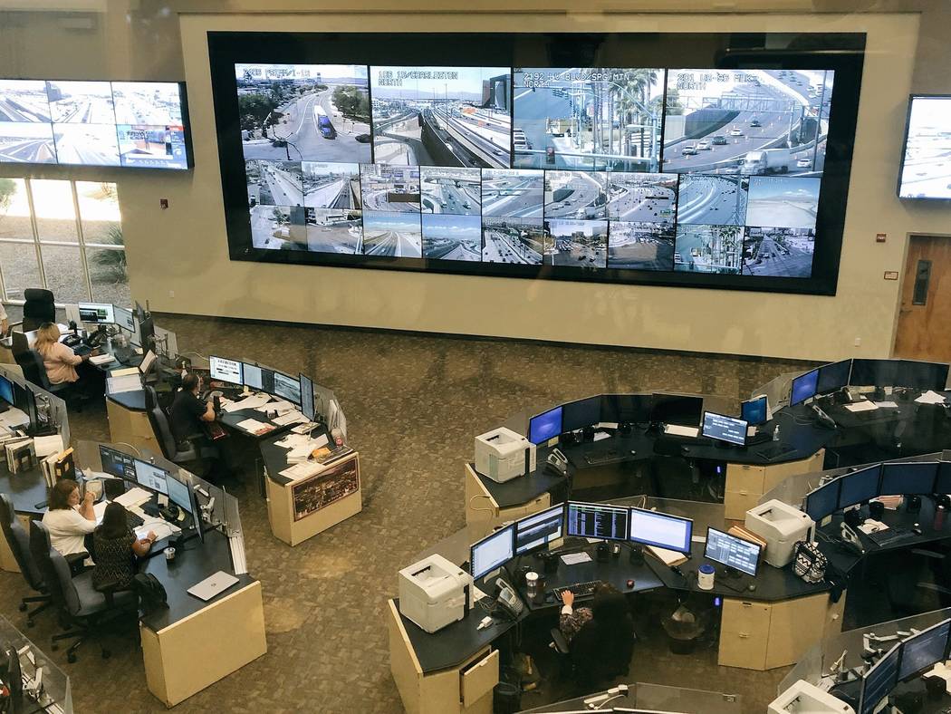 Traffic employees monitor traffic across the Las Vegas Valley at the Nevada Highway Patrol's southern command on Friday, Sept. 7, 2018. (Rio Lacanlale/Las Vegas Review-Journal)