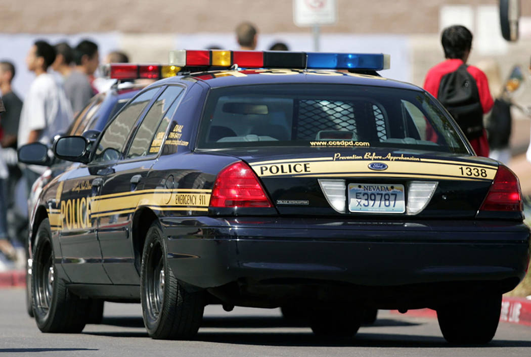 Clark County School District police outside Desert Pine High School. (Las Vegas Review-Journal)
