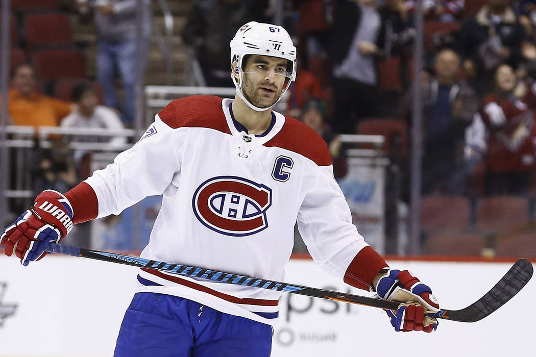 Montreal Canadiens left wing Max Pacioretty (67) pauses on the ice during the second period of an NHL hockey game against the Arizona Coyotes Thursday, Feb. 15, 2018, in Glendale, Ariz. The Coyote ...