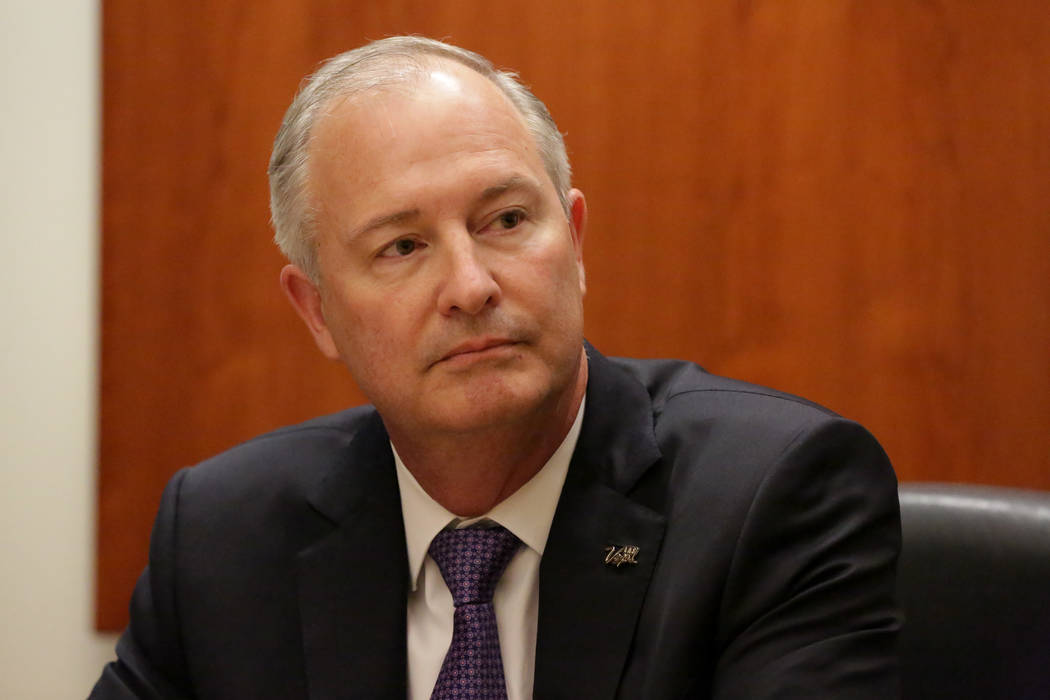 Steve Hill, new president and CEO of the Las Vegas Convention and Visitors Authority who also chairs the Las Vegas Stadium Authority, takes questions from the Las Vegas Review-Journal’s Edi ...