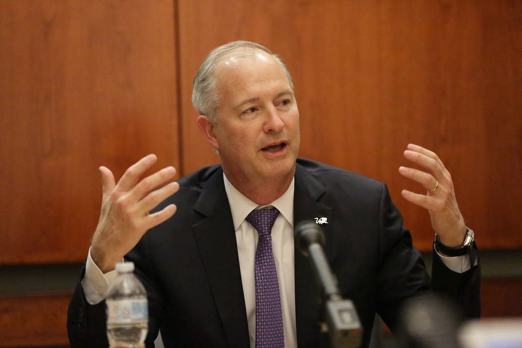 Steve Hill, new president and CEO of the Las Vegas Convention and Visitors Authority who also chairs the Las Vegas Stadium Authority, visits with the Las Vegas Review-Journal’s Editorial Bo ...