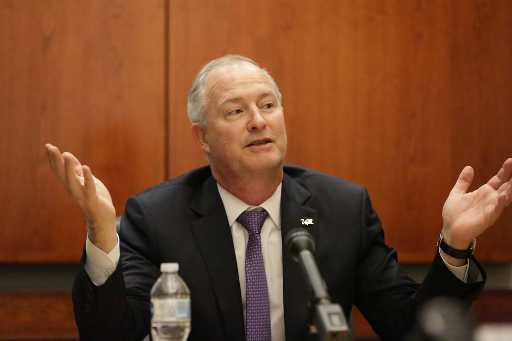 Steve Hill, new president and CEO of the Las Vegas Convention and Visitors Authority who also chairs the Las Vegas Stadium Authority, takes questions from the Las Vegas Review-Journal’s Edi ...