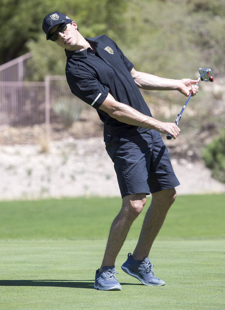 Vegas Golden Knights goaltender Marc-Andre Fleury reacts to his putt during the Vegas Golden Knights Inaugural Charity Golf Classic at Bearu00d5s Best golf course in Las Vegas on Tuesday, Sept. 1 ...