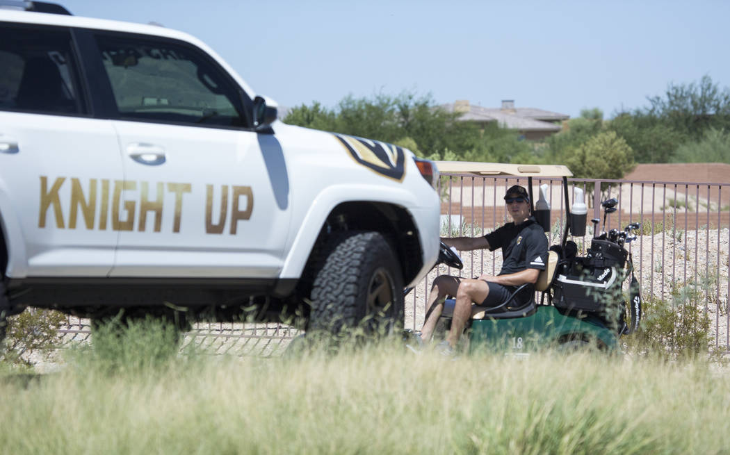 Vegas Golden Knights goaltender Marc-Andre Fleury drives a golf cart while participating in the Vegas Golden Knights Inaugural Charity Golf Classic at Bearu00d5s Best golf course in Las Vegas on ...