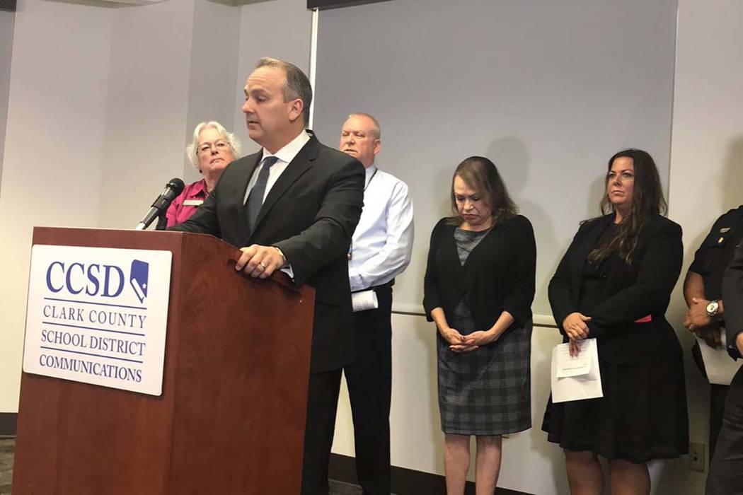 Clark County School District Superintendent Jesus Jara talks during a press conference about a fatal shooting at a high school and an alarming number of gun seizures on campuses this school year o ...