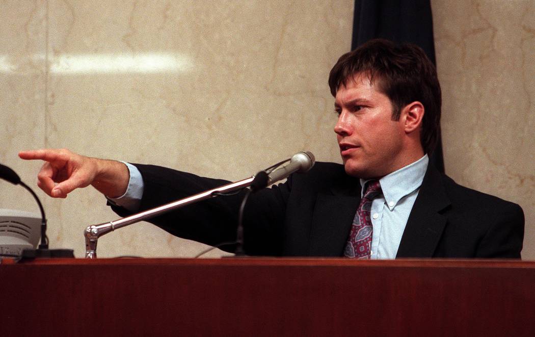 Kurt Gratzer points to defendant Rick Tabish in April 2000 while testifying during the Ted Binion murder trial. (File Photo)