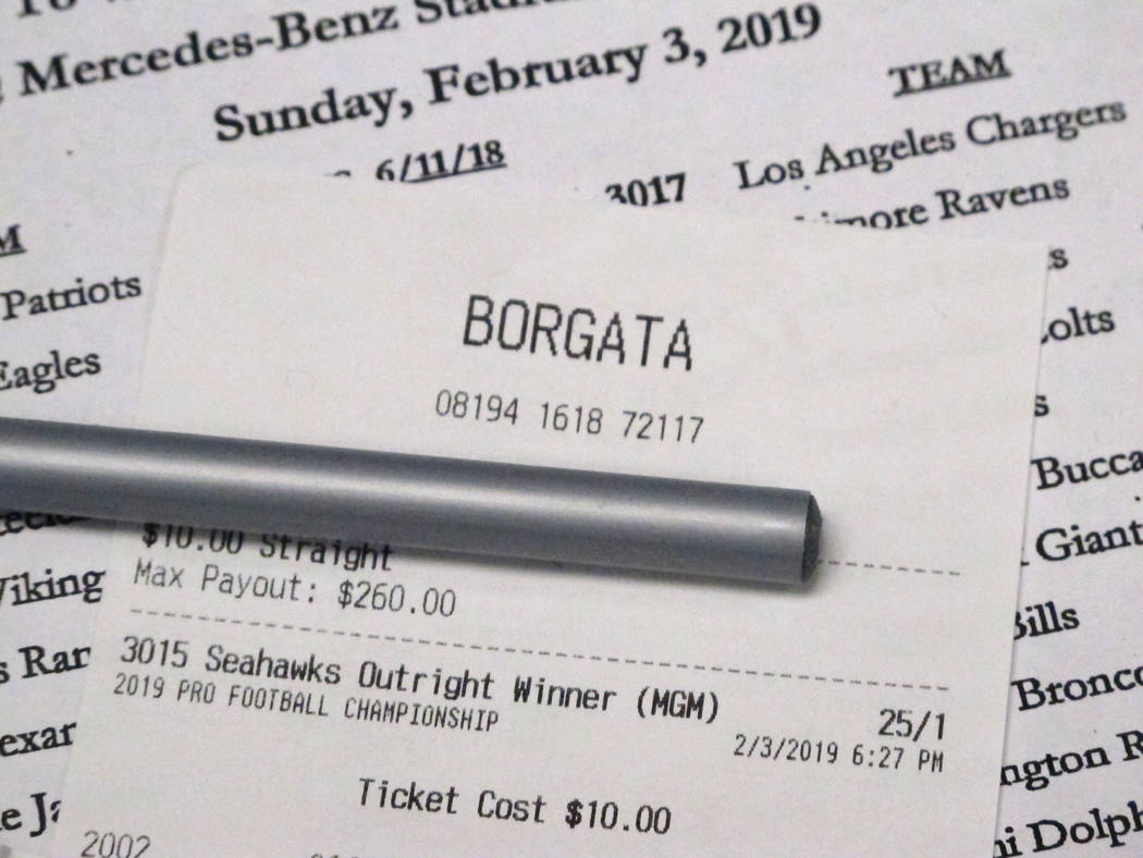 A betting ticket from the Borgata casino in Atlantic City hours after it began accepting sports wagers June 14, 2018. The ticket predicts the Seattle Seahawks will win the next Super Bowl at 25-to ...