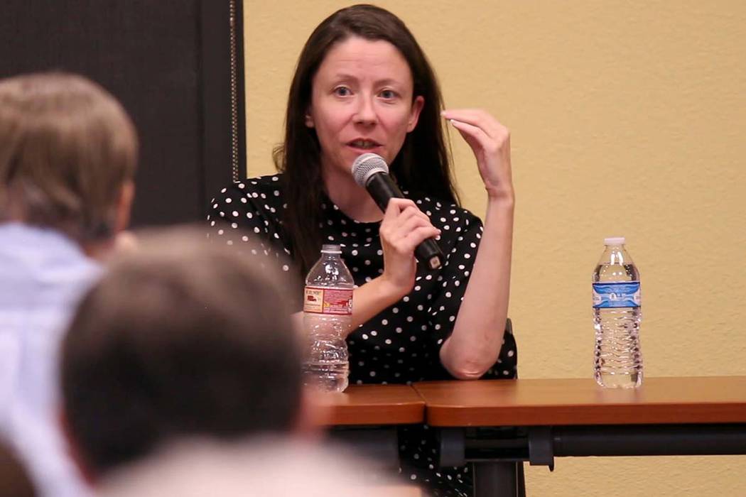 Meredith Levine, director of economic policy for the Kenny Guinn Center for Policy Priorities, speaks at a forum surrounding Question 3 in Pahrump. (Jeffrey Meehan/Pahrump Valley Times)