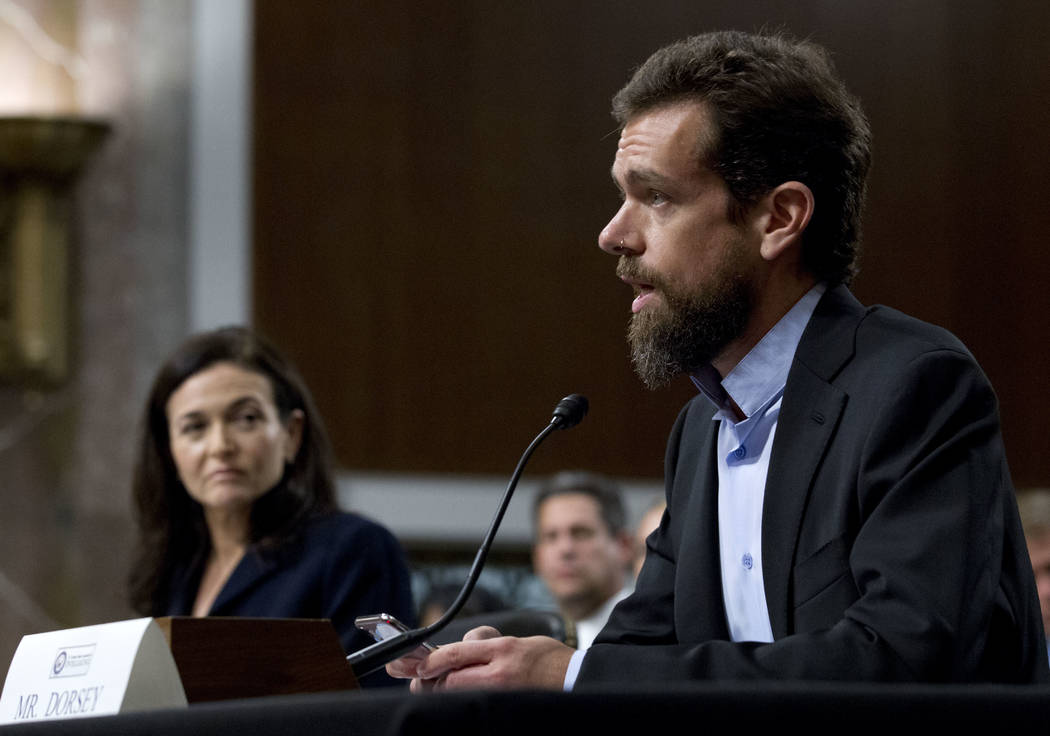 Twitter CEO Jack Dorsey, accompanied by Facebook COO Sheryl Sandberg, testify before the Senate Intelligence Committee hearing on 'Foreign Influence Operations and Their Use of Social Media Platfo ...