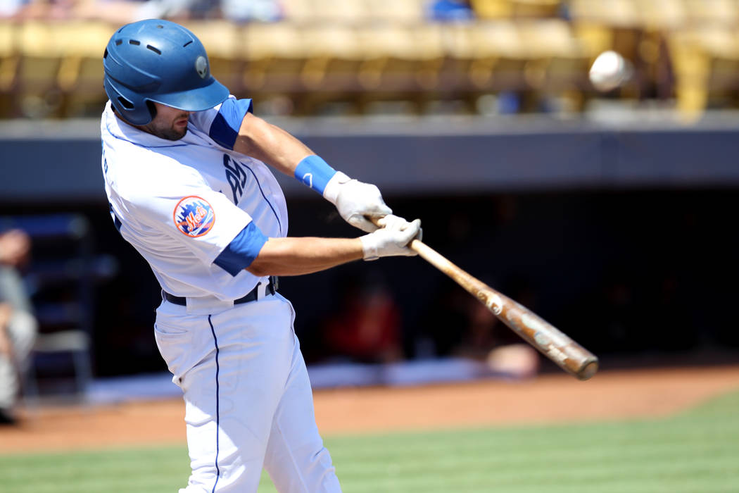 Las Vegas catcher Colton Plaia hits during the final 51s game ever at Cashman Field in Las Vegas Monday, Sept. 3, 2018. Las Vegas beat Sacramento 4-3. The team will move to a new stadium in Summer ...