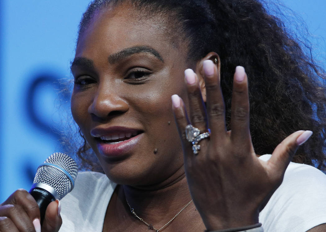 Tennis star Serena Williams speaks at the Shop.org conference Friday, Sept. 14, 2018, in Las Vegas. (AP Photo/John Locher)
