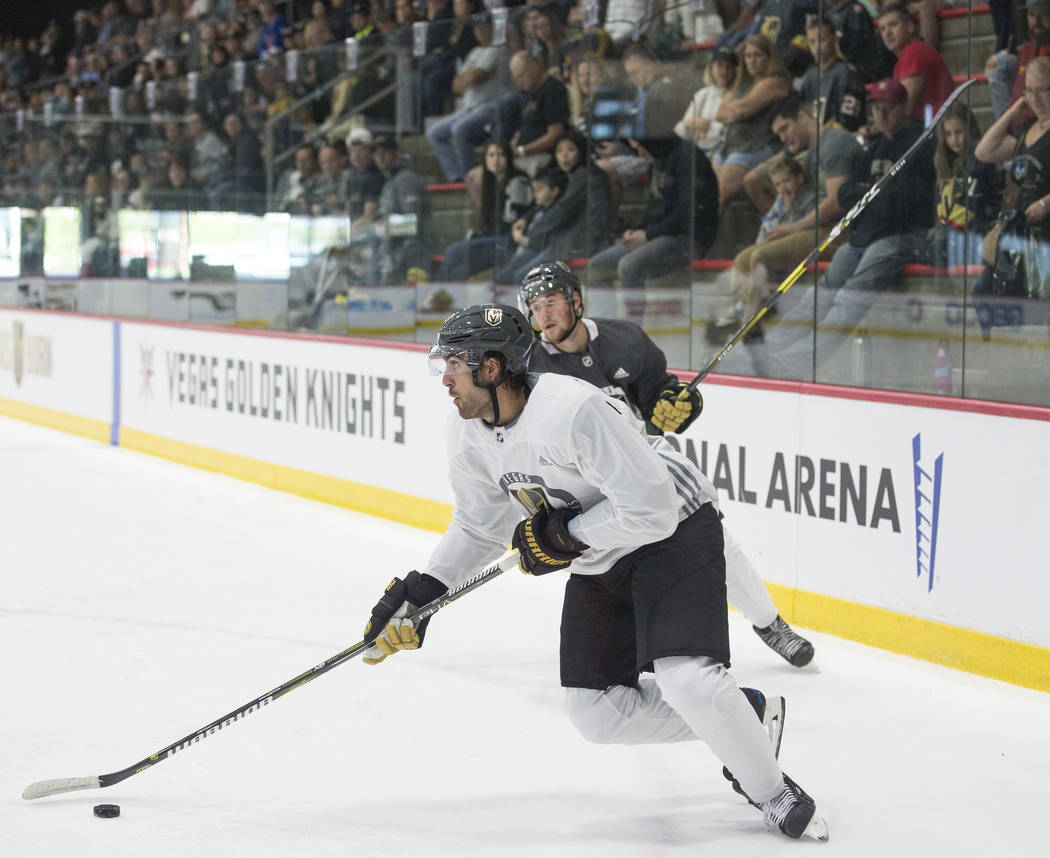 Vegas Golden Knights right wing Alex Tuch, foreground, controls the puck during practice at City National Arena in Las Vegas, Friday, Sept. 14, 2018. Richard Brian Las Vegas Review-Journal @vegasp ...
