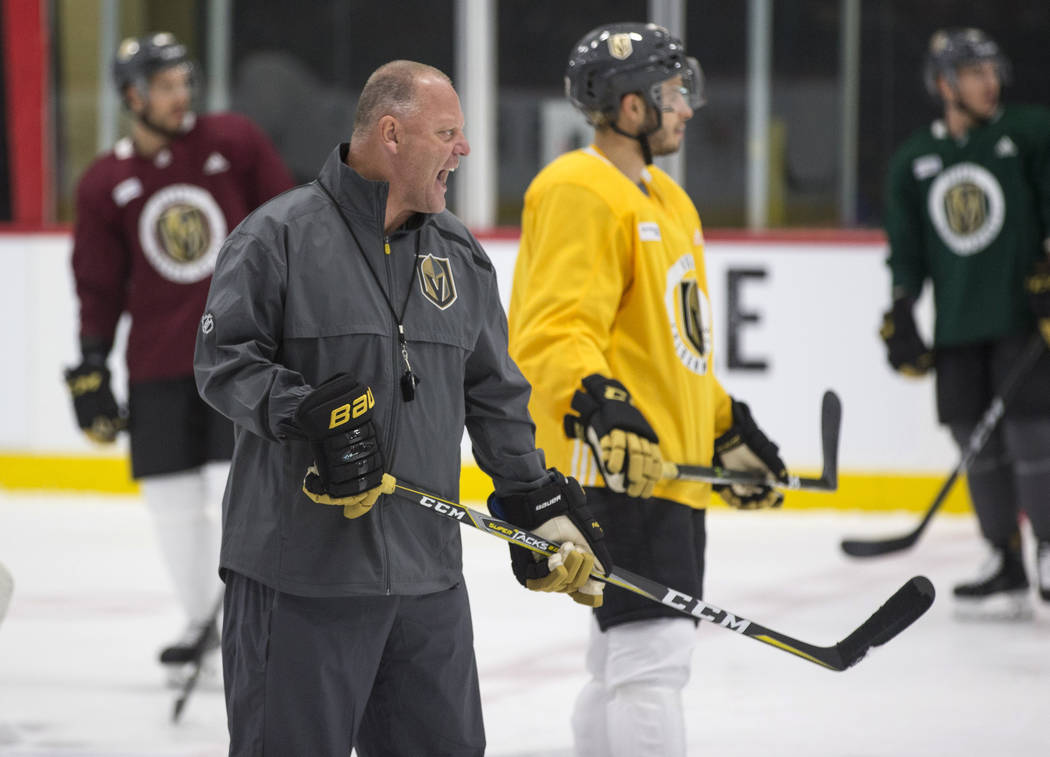 Vegas Golden Knights coach Gerard Gallant talks to his player during practice at City National Arena in Las Vegas, Friday, Sept. 14, 2018. Richard Brian Las Vegas Review-Journal @vegasphotograph