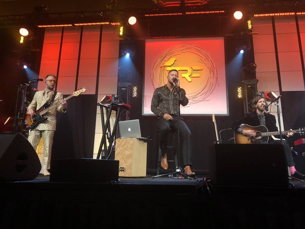 Ben McKee, Dan Reynolds and Wayne Sermon of Imagine Dragons are shown at the Tyler Robinson Foundation Rise Up Gala at Caesars Palace on Friday, Sept. 14 2018. (John Katsilometes/Las Vegas Review- ...