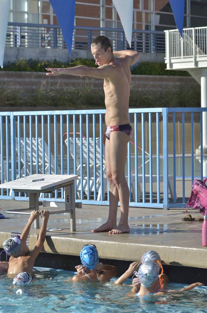 Zane Grothe conducts a swimming clinic for members of the Boulder City Henderson Swim Team at the Henderson Multigenerational Center at 250 S. Green Valley Parkway in Henderson on Saturday, Sept. ...