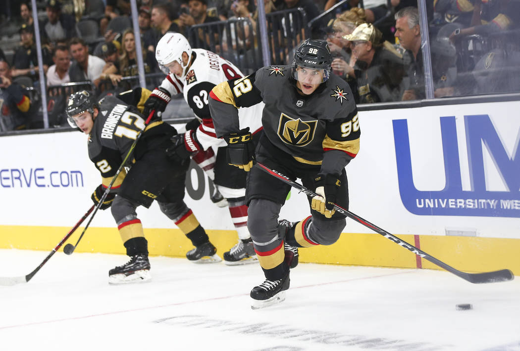 Golden Knights left wing Tomas Nosek (92) controls the puck against the Arizona Coyotes during the first period of a preseason NHL hockey game at T-Mobile Arena in Las Vegas on Sunday, Sept. 16, 2 ...