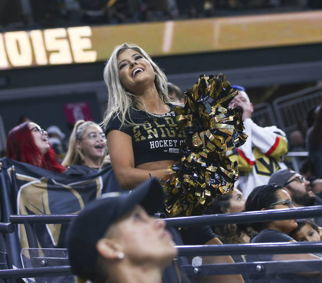 A Golden Aces cheerleader entertains the crowd during the third period of a preseason NHL hockey game against the Arizona Coyotes at T-Mobile Arena in Las Vegas on Sunday, Sept. 16, 2018. Chase St ...