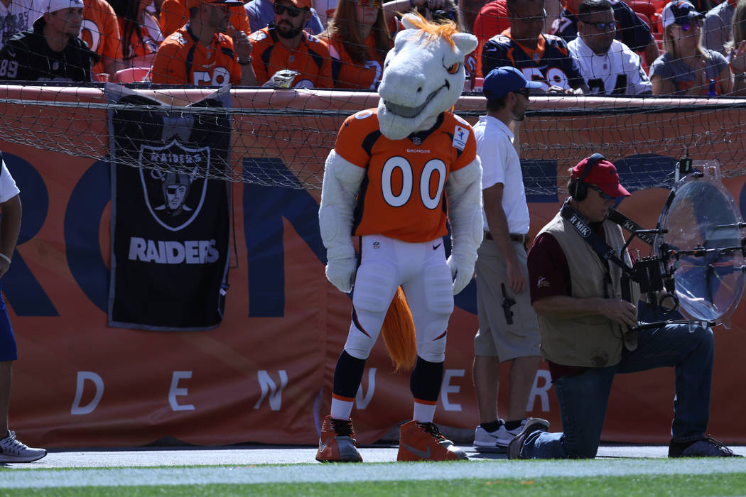 The Denver Broncos mascot dances during the first half of their NFL game against the Oakland Raiders in Denver, Colo., Sunday, Sept. 16, 2018. Heidi Fang Las Vegas Review-Journal @HeidiFang