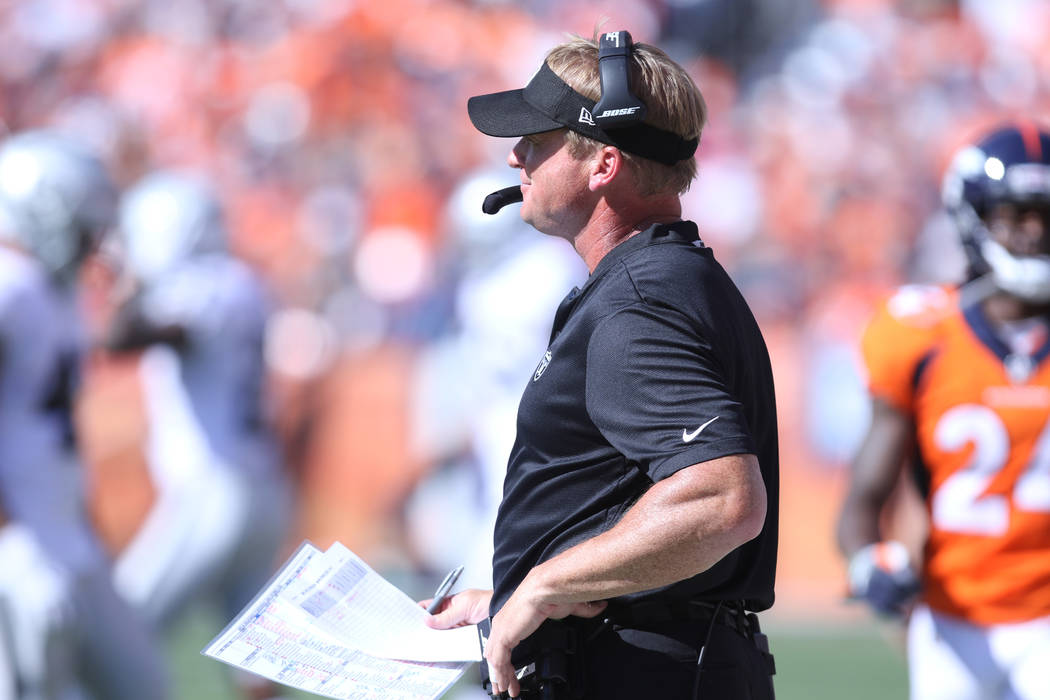 Oakland Raiders head coach Jon Gruden watches his team play during the first half of their NFL game against the Denver Broncos in Denver, Colo., Sunday, Sept. 16, 2018. Heidi Fang Las Vegas Review ...