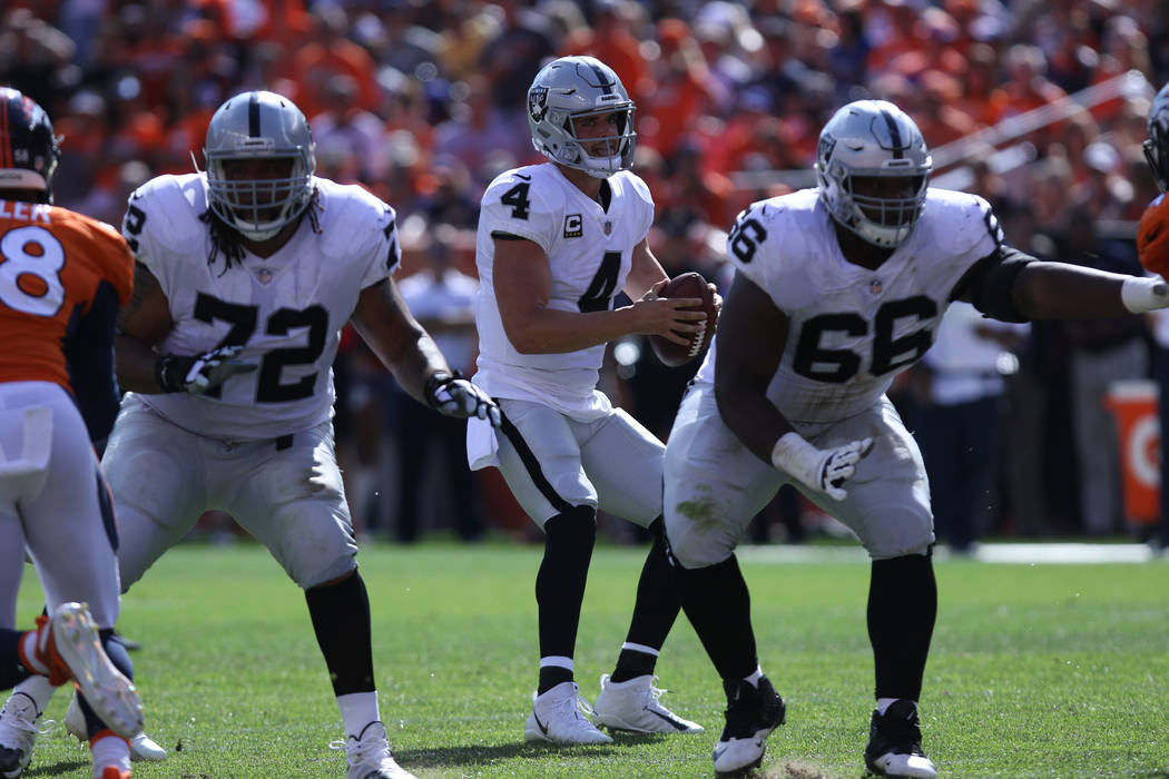 Oakland Raiders quarterback Derek Carr (4) looks for an open receiver during the first half of their NFL game against the Denver Broncos in Denver, Colo., Sunday, Sept. 16, 2018. Heidi Fang Las Ve ...