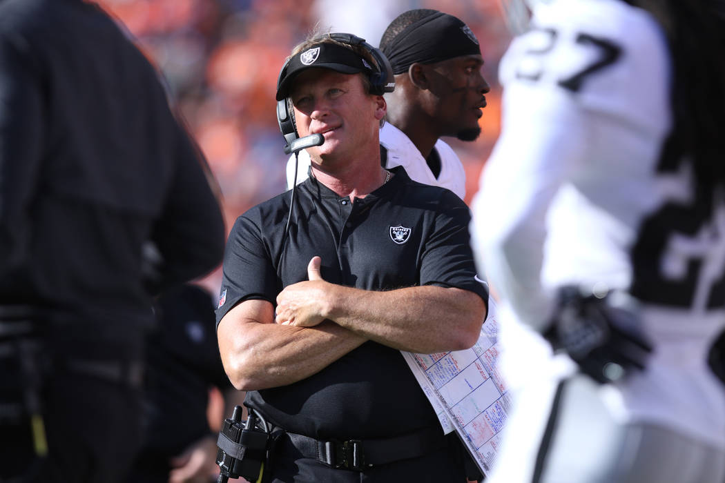 Oakland Raiders head coach Jon Gruden on the sideline during the second half of their NFL game against the Denver Broncos in Denver, Colo., Sunday, Sept. 16, 2018. Heidi Fang Las Vegas Review-Jour ...