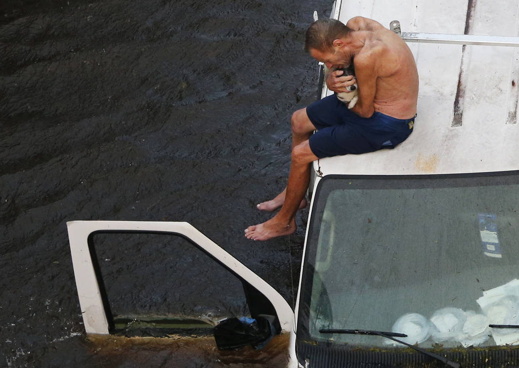 Willie Schubert of Pollocksville, N.C., cradle his dog Lucky as he waits to be rescued by a U.S. Coast Guard helicopter crew off a stranded van in Pollocksville, Monday, Sept. 17, 2018, in the aft ...