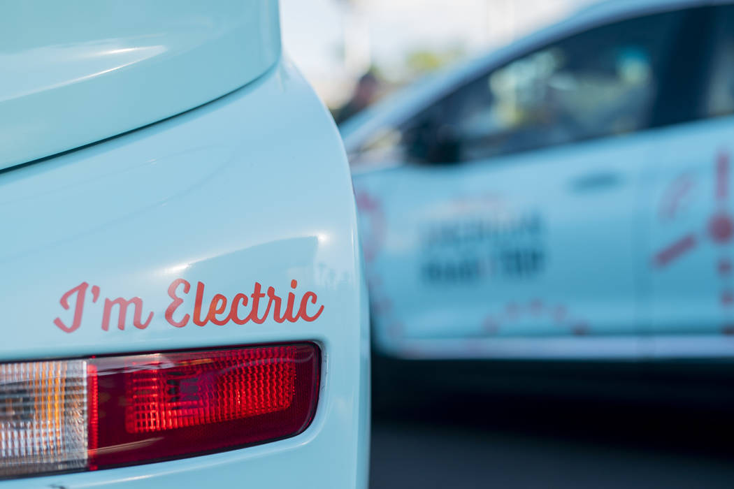 "The New American Road Trip," an electric-vehicle tour from California to New York, made a stop in front of the Luxor casino-hotel in Las Vegas, Sunday, Sept. 16, 2018.(Marcus Villagran/ ...